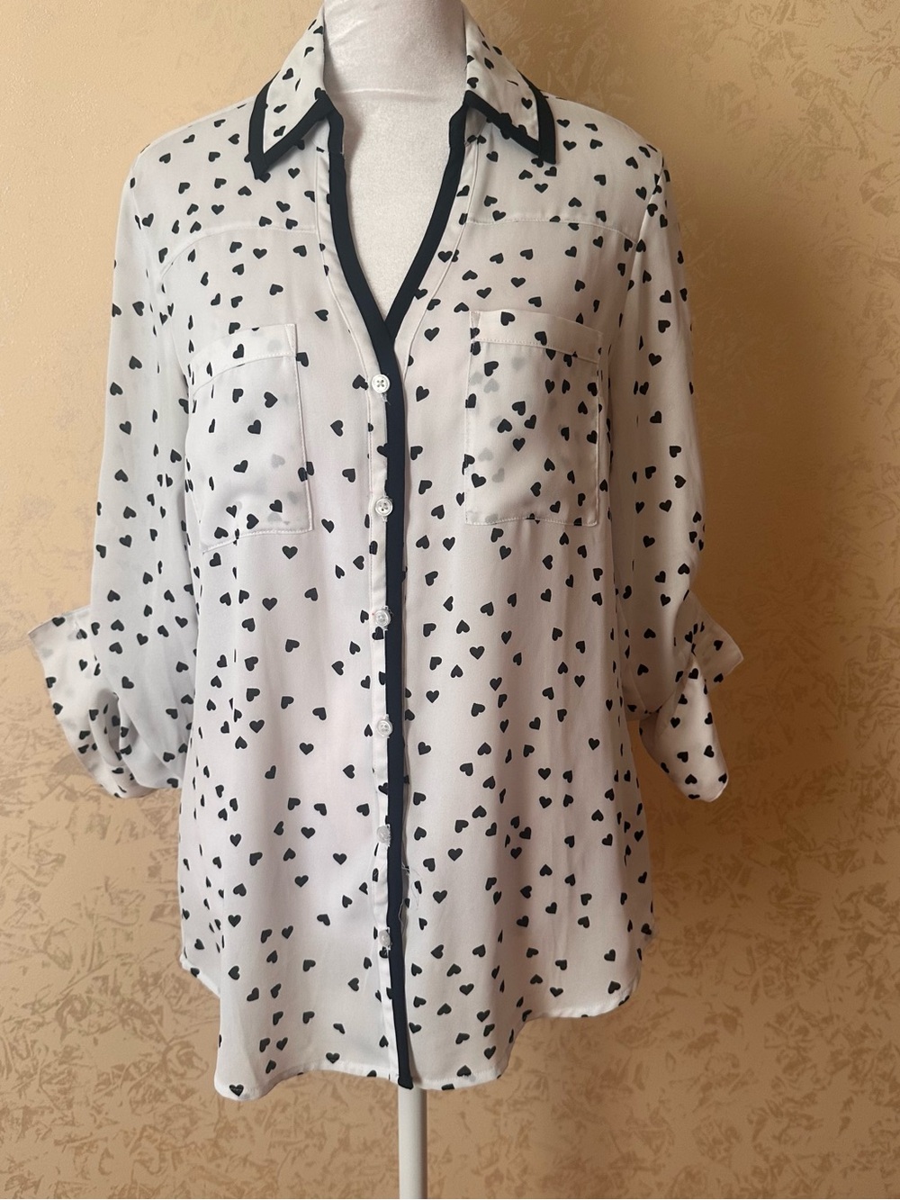 Express White Button-Down Shirt with Black Heart Print and Trim